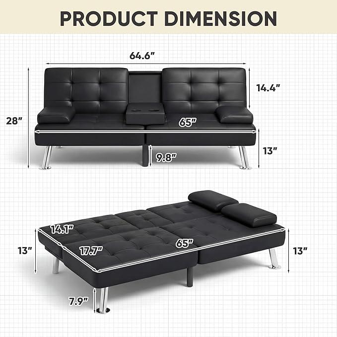 YESHOMY Modern Futon Sofa Bed Convertible Futon Couch with Adjustable Backrest Futon Loveseat Sleeper Sofa Bed with Armrest for Living Room Small SpacesPU Leather Black