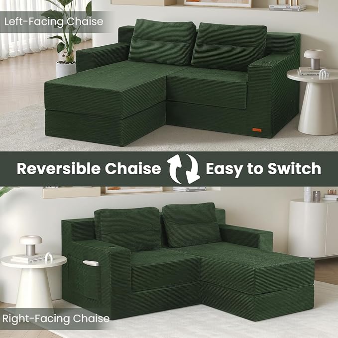 COMAX Futon Sofa Bed Boneless Loveseat Couch in A Box 67 L-Shaped Convertible Sofa Bed Corduroy for Living Room Fold Out Small Foldable Loveseat Foam with Movable Ottoman Floor Sleeper Green