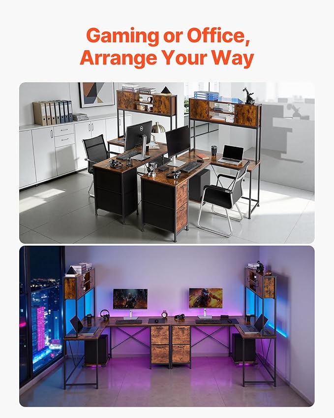 VEVOR L-Shaped Gaming Desk with LED Lights 62.2-inch Reversible Corner Computer Desk with Power Outlets Movable CPU Stand &amp Storage Drawers Modern Stylish PC Gaming Table for Home Office
