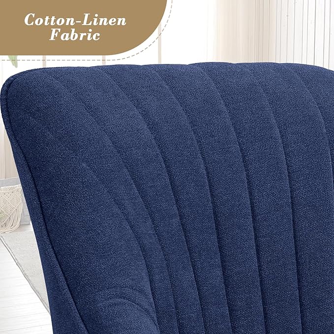 Athena Collection Swivel Modern Accent Chair Linen Upholstered Armchair Office Desk Chair No Wheels with Wooden Legs Comfy Vanity Chair Reading Chair for Bedroom Living Room Navy Blue