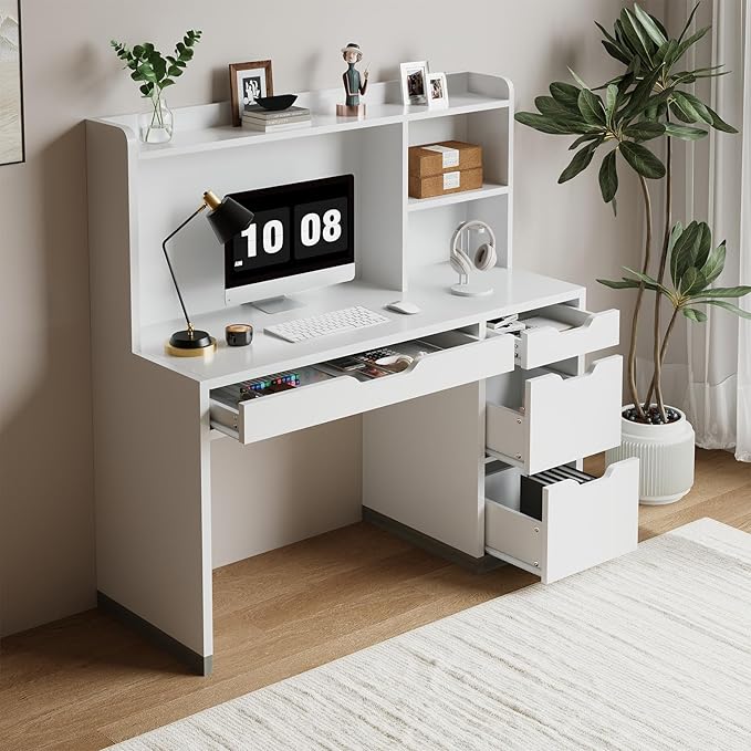 White Desk with Hutch 53 Inch Computer Desk with Storage File Drawer White Study Desk with 4 Drawers for Bedroom Small Space