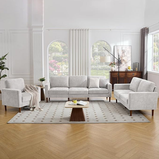 Kingfun 3 Seater Sofa with Loveseat and Chair Chenille Couch Mid Century Modern Couches with Solid Wood Legs for Living Room &amp Bedroom Grey