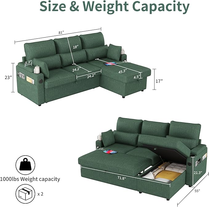 Sectional Sleeper Sofa with Pull Out Couch Bed with Storage Chaise for Living Room Comfy Linen Modular Sectional Sofa with Dual USB &amp Type-C Cup Holders (Green 81 Inches)