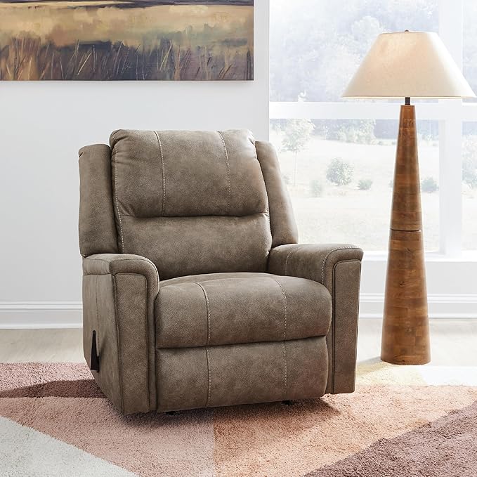Signature Design by Ashley Skymaker Modern Faux Leather Manual Rocker Recliner with Track Arms Light Brown