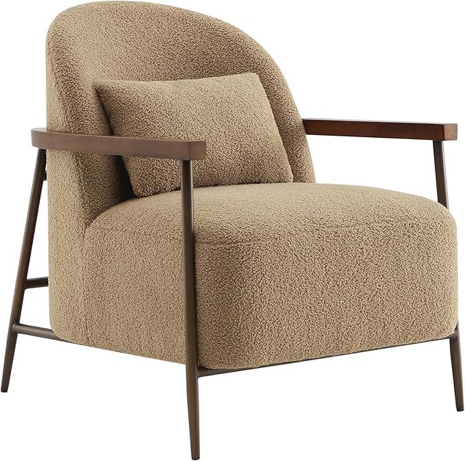CHITA Accent Chair for Living Room FSC Certified Modern Upholstered Faux Sherpa Fabric Armchair with Metal Frame and Wooden Armrests Camel