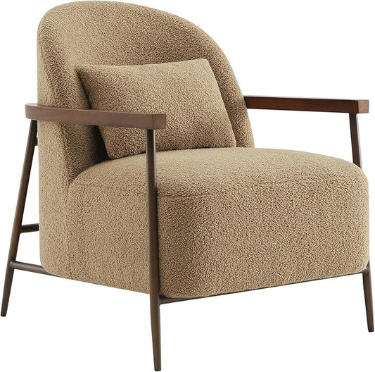 CHITA Accent Chair for Living Room FSC Certified Modern Upholstered Faux Sherpa Fabric Armchair with Metal Frame and Wooden Armrests Camel