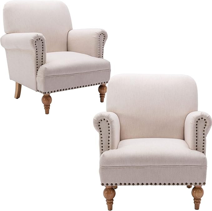 Beige Linen Fabric Accent Chairs Set of 2 Modern Farmhouse Upholstered Armchairs with Nailhead Trim &amp Ball Turned Legs French Country Club Chairs for Living Room Bedroom Guest Room