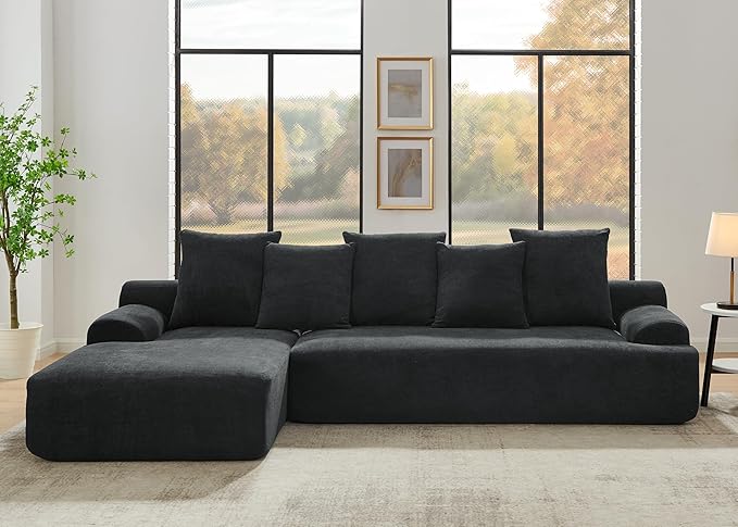 Modular Sectional Sofa Boneless Couch 110'' Comfy Velvet L-Shape Cloud Couch with Deep Seat Modern Minimalist Upholstered Compressed Sofa Cloud Sectional Couches for Living Room Black