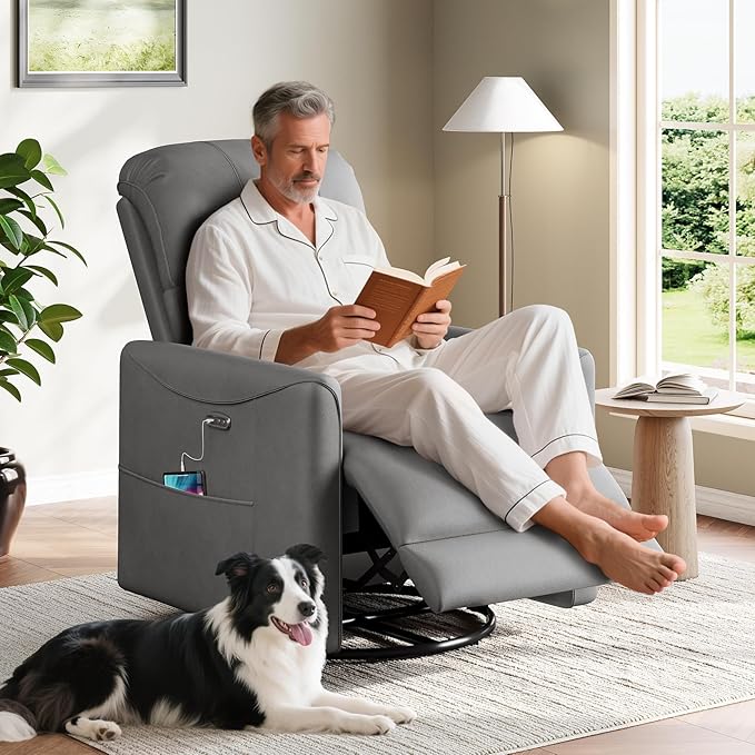 Power Swivel Rocker Recliner Power Recliner Chair 360° Swivel Small Recliners for Small Spaces Infinite Position Rocking Chair Nursery PU Leather Living Room Chairs with USB Port Gray