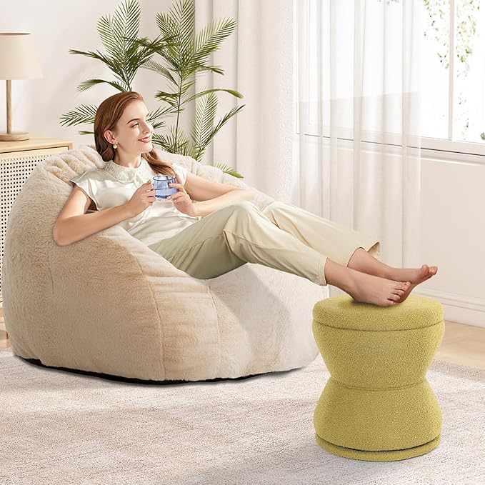Round Ottoman with Storage 360°Swivel Vanity Stool Chiar with Wooden Frame Small Makeup Chair Comfy Foot Stool with Thick Padded for Living Room Bedroom Entryway