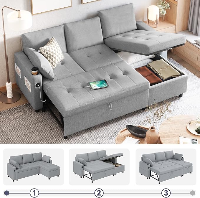 Sleeper Sofa 83.5'' Sofa Bed with Storage Chaise Couch to Bed Pull Out Couch with USB&ampCup Holders L-Shaped Convertible Couches for Living Room-Linen Light Grey