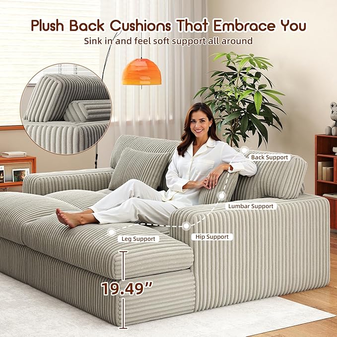 Cloud Couch Sofa Bed Oversized Chaise Lounge Chair Indoor 95.6” W Double Boneless Corduroy Upholstered Reading Chair Fluffy Sleeper Sofa Couches for Living Room No Assembly Required (Grey)
