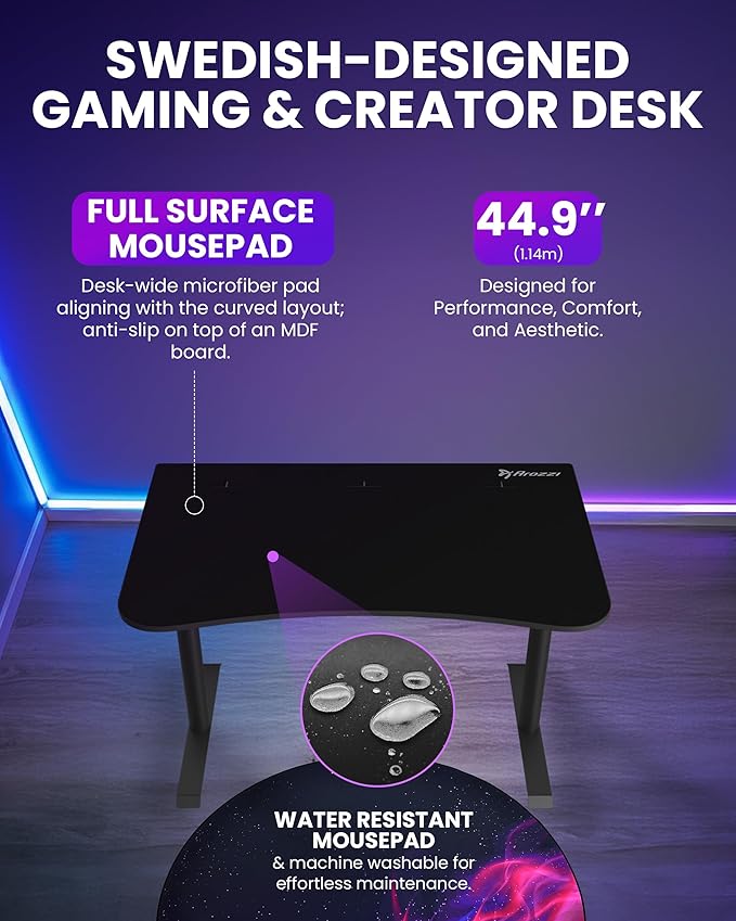 Arozzi Arena Small Pure Black Gamer Desk - 45x28” Steel Frame PC Gaming Desk with Storage for Cables &amp Dual-Monitor Support - Full-Surface Washable Mousepad - Pure Black