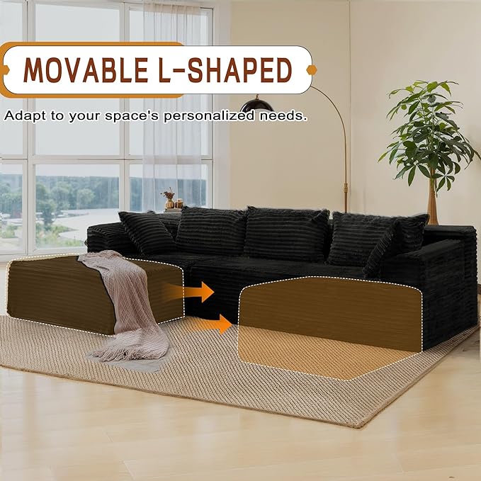 110 L-Shaped Modular Sectional Sofa with Chaise Boneless Comfy Corduroy Fluffy Couch with Deep Seat and Side Pockets Flexible Module Combination for Living Room No Assembly Side Pockets