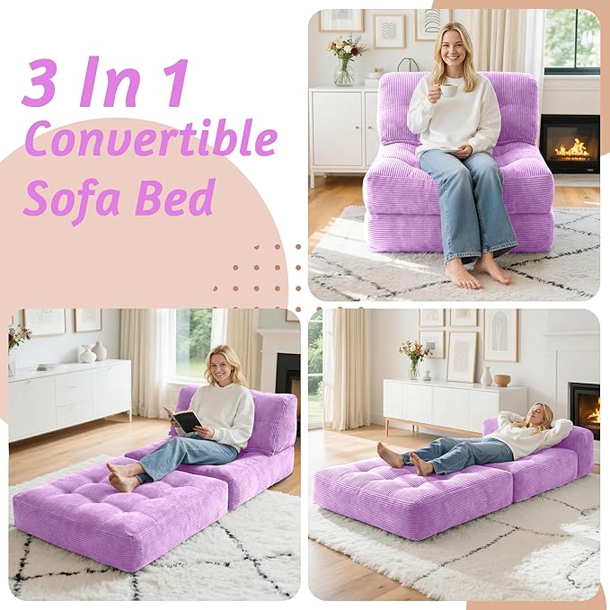 HABUTWAY Folding Sofa Bed Convertible Sleeper Chair Bed with Pillow &amp Handle Foldable Mattress with Back Support Portable Single Couch Comfy Floor Sofa Lounge for Living Room Bedroom(Light Pur