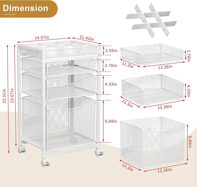 Rolling File Cart with 3 Storage Drawers Under Desk Filing Cabinet with DIY Divider Hanging File Folder Organizer on Wheels Fits A4/Letter Size Metal Utility Cart for Home Office White