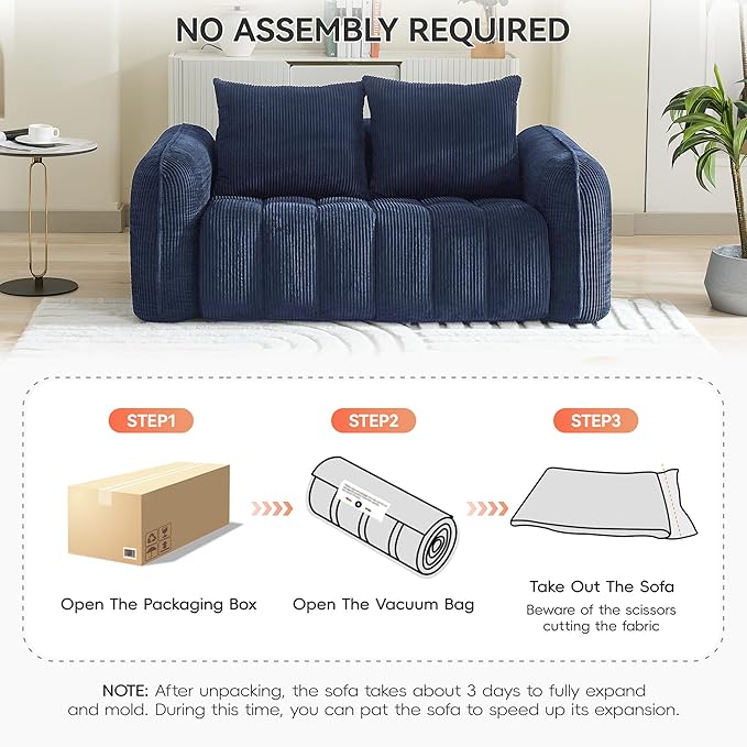 66'' Boneless Corduroy Loveseat Sofa 2 Seater Tufted Deep Seat Couch with Rounded Armrest Upholstered Cloud Couch for Living Room Bedroom No Assembly Navy
