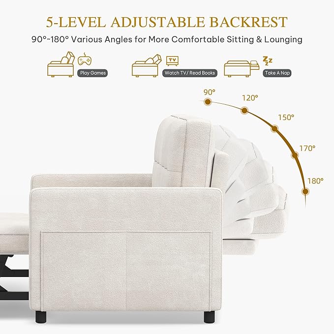 YITAHOME 55 Convertible Sofa Bed 3-in-1 Sleeper Sofa with Pull-Out Bed Cat-Scratch-Proof Futon Couch with 5-Levels Reclining Backrest USB and Side Pocket Modern Loveseat for Living Room Beige