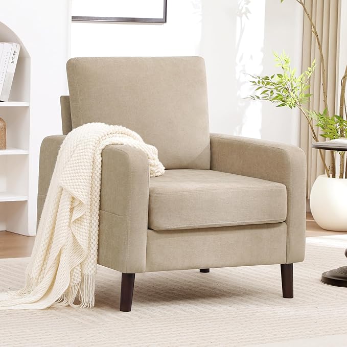 Accent Chair for Living Room Modern Reading Chair for Bedroom Upholstered Armchair with Wood Legs and Side Pockets Single Sofa Side Chair for Office Small Room Apartment Light Brown
