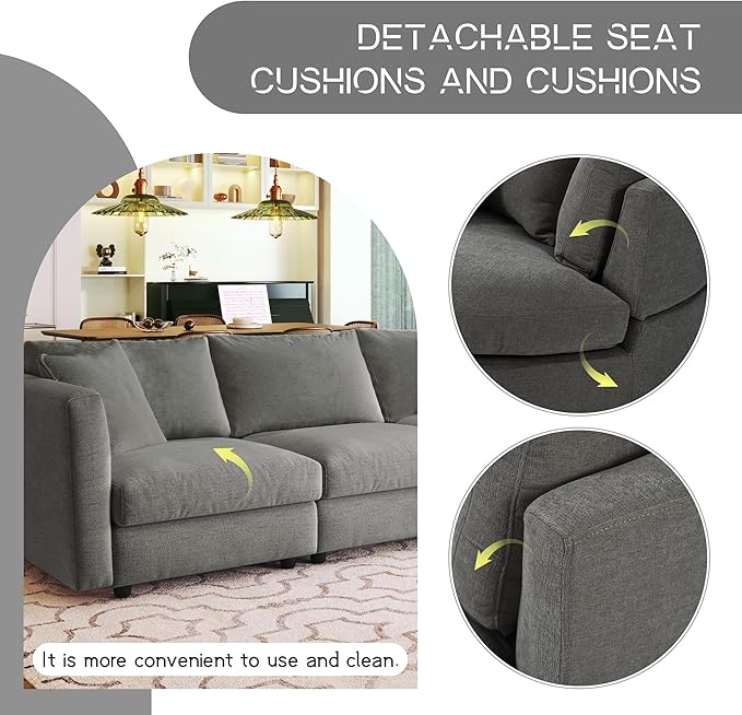 ERYE L-Shaped Right Facing Sectional Sofa Oversized Chenille Upholstered Corner Couch W/Curved Chaise Seat and 3 Toss Pillows Modern L-Shaped Sofa Couches for Living Room