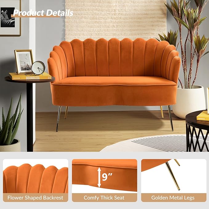 Velvet Upholstered Loveseat Sofa with Gold Metal Legs Modern Comfy Small Love Seat with Flower Shaped Back 2-Seater Sofa Accent Couch for Living Bedroom Leisure Areas