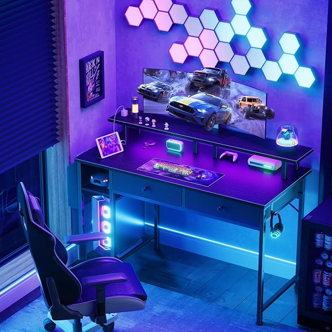 DLisiting Black Gaming Desk with Shelves and Drawers - 39 Inch Small Gaming Desk with Storage Shelves for Boys Teens Bedroom Black Computer Desks with Drawers Monitor Stand Power Outlet