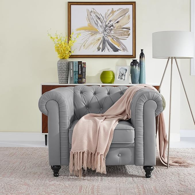 Naomi Home Emery Chesterfield Sofa Set Grey/Loveseat Accent Chair