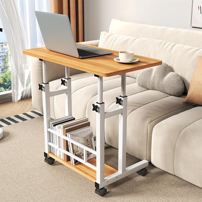 Adjustable Height Mobile Computer Desk for Small Space Rolling Writing with Wheels Corner Home Office Study Portable Bedrooms Work Desk Standing Table 31.5x15.75 Inches Height 27.16-35.43 Natural
