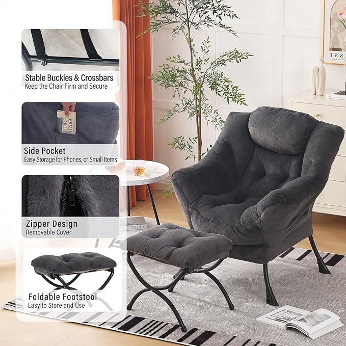 Lazy Chair with Ottoman Modern Accent Chair with Armrests and a Side Pocket Plush Navy Accent Chairs Reading Chairs Oversized Armchairs for Bedroom Study Living Room Courtyard