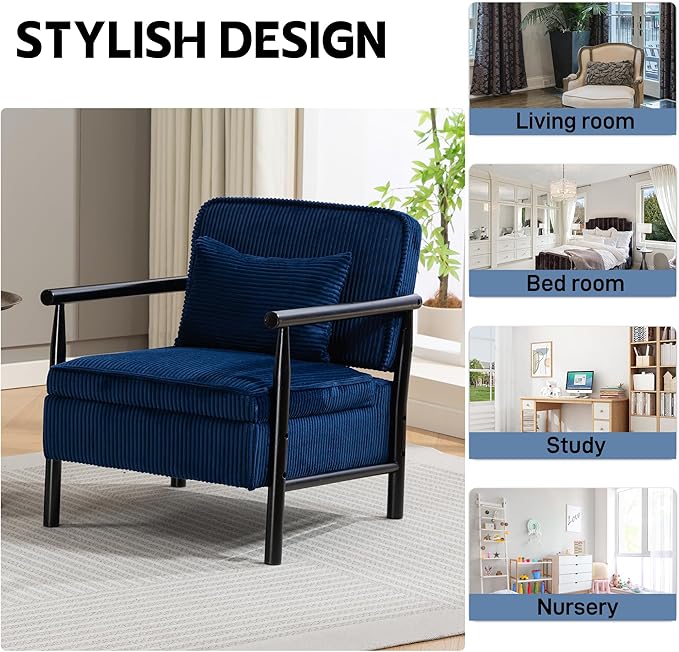 Accent Chair Comfy Modern Mid-Century Accent Chairs with Storage Corduroy Upholstered Lounge Armchair with Solid Wood Reading Side Single Sofa for Living Room/Office/Balcony/Bedroom-Blue