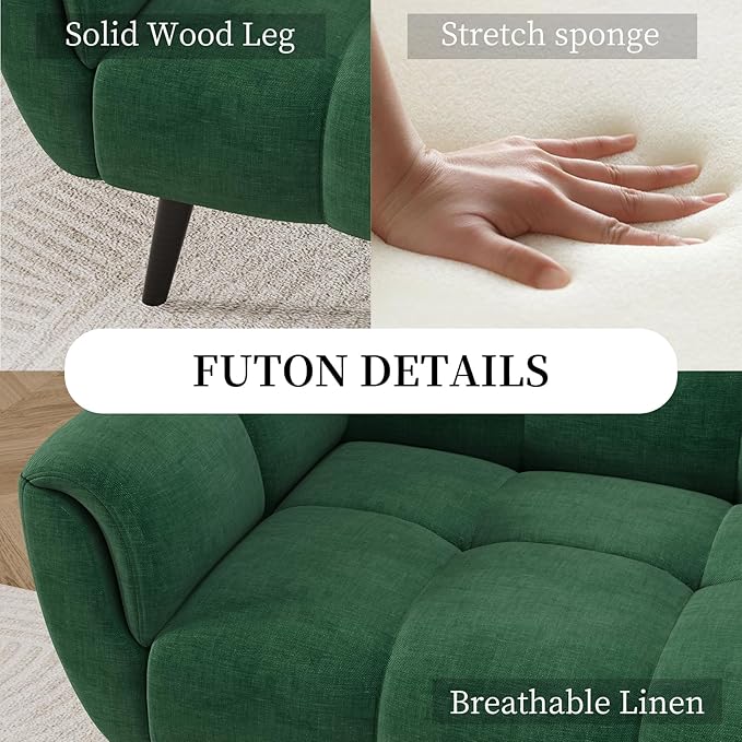 Convertible Futon Sofa Bed 76.77 Modern Linen Futon Couch Comfy Sleeper Sofa with Adjustable Backrests Couch Bed for Small Spaces Living Room Bedroom Apartment Green