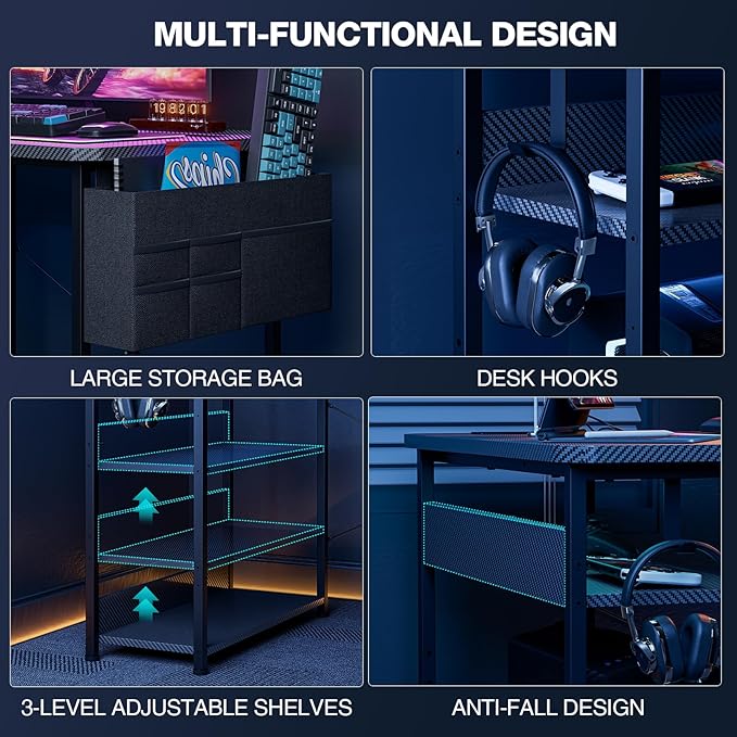L Shaped Gaming Desk 48 Inch - Computer Corner Desk with Power Outlets Reversible Shelves &amp Storage Bag for Home Office PC Gaming Table Black Carbon