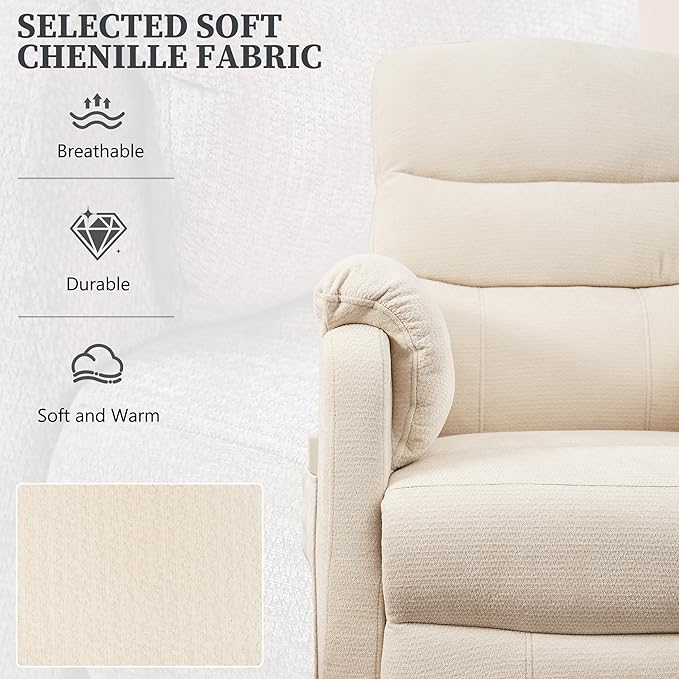 Electric Recliner Chair Power Recliner Sofa with Remote Adjustable Backrest and Side Pocket 7-Zone Support 350 LBS Soft Chenille Fabric Armchair for Living Room Bedroom Off White