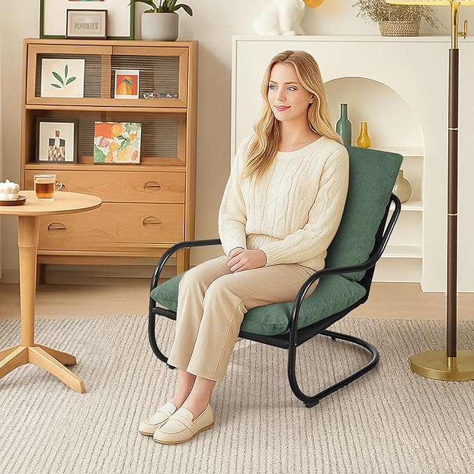 Peace nest Modern Accent Chair Comfy Living Room Suspended Chair Bedroom Armchair with Mental Frame Comfortable Upholstered Cushion for Balcony Lounge Reading Meeting Room Green