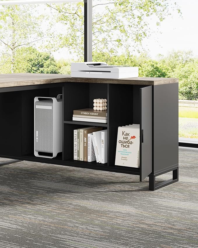 LITTLE TREE 70.8 Inches Executive Desk and 55 Inches File Cabinet Combo Large L Shaped Computer Desk with Storage Cabinet and Shelves Modern Business Furniture for Home Office Grey &amp Black