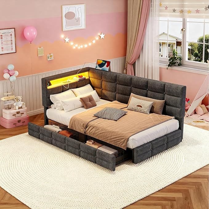 Twin Corner Bed Frame with Storage and Led Lights Upholstered Daybed Twin Size with Storage Drawers and Charging Station for Living RoomBedroom (Gray)
