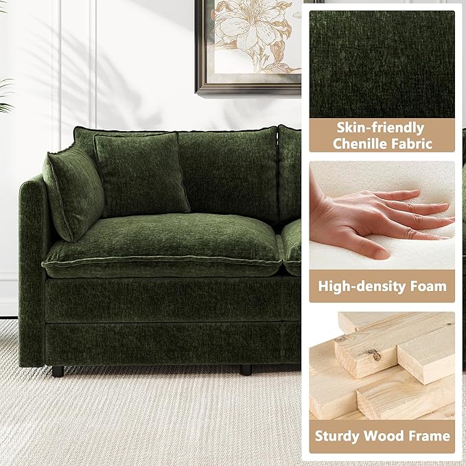 Aoowow Single Deep Seat Sofa Comfy Chenille CouchModern Upholstered Accent Armchair with Pillow for Living Room Bedroom Apartment(Green)