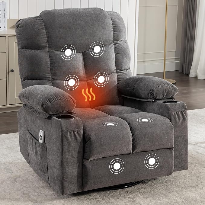 Massage Rocker Recliner Chair with Heat and Vibration Ergonomic Rocking Lounge Chair for Living Room Comfy with 2 Side Pockets 2 Cup Holders USB Charge Port (Grey)