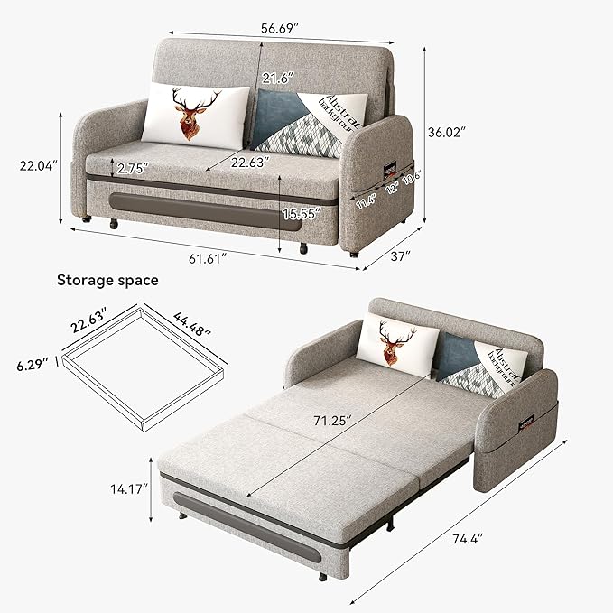 Versatile Pull-Out Sofa Bed – Compact Futon Couch for Small Spaces Gray/White 34.25 D x 59.84 W x 37.4 H Ideal for Living Room &amp RV (61.61)