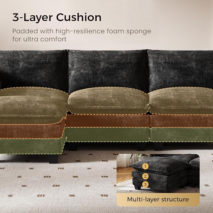 KKL 91.3 Large Modular Sectional Sofa Bed 6 Seater Convertible J/L-Shaped Sleeper Cloud Couch with Ottoman Chenille Sectional Couches for Living Room Apartment Black