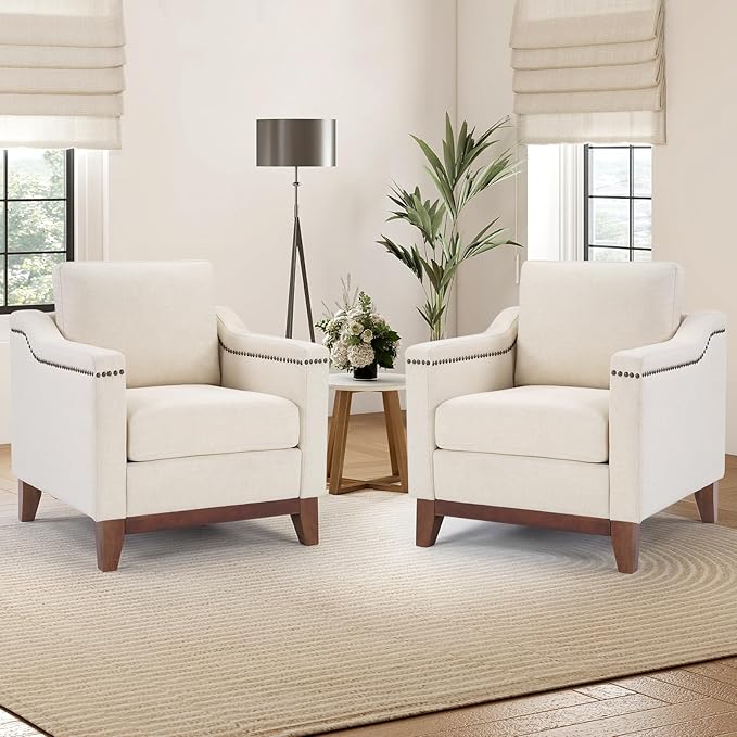 Vintage Upholstered Armchair Set of 2 with Nailhead Trim and Solid Wood Legs Comfortable Accent Chair for Living Room &amp Bedroom Beige
