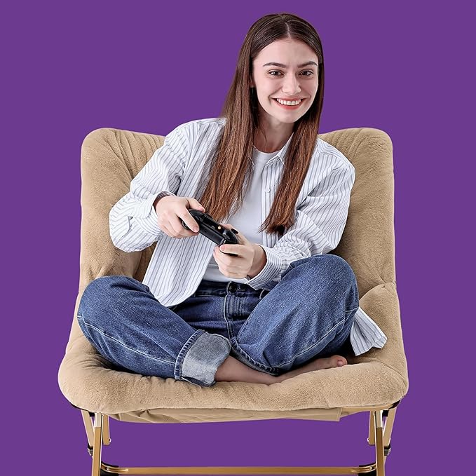 OAKHAM Comfy Chair for Adults Soft Faux Fur Folding Lounge for Bedroom Living Room Dorm Rooms Flexible Reading Chair for Teens Kids X-Large Foldable (Faux Fur-Beige)