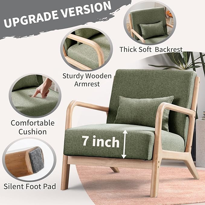 ANJ Mid Century Modern Accent Chair Comfy Fabric Reading Chair with Solid Wood Frame Easy Assembly Armchair for Living Room Blackish Green