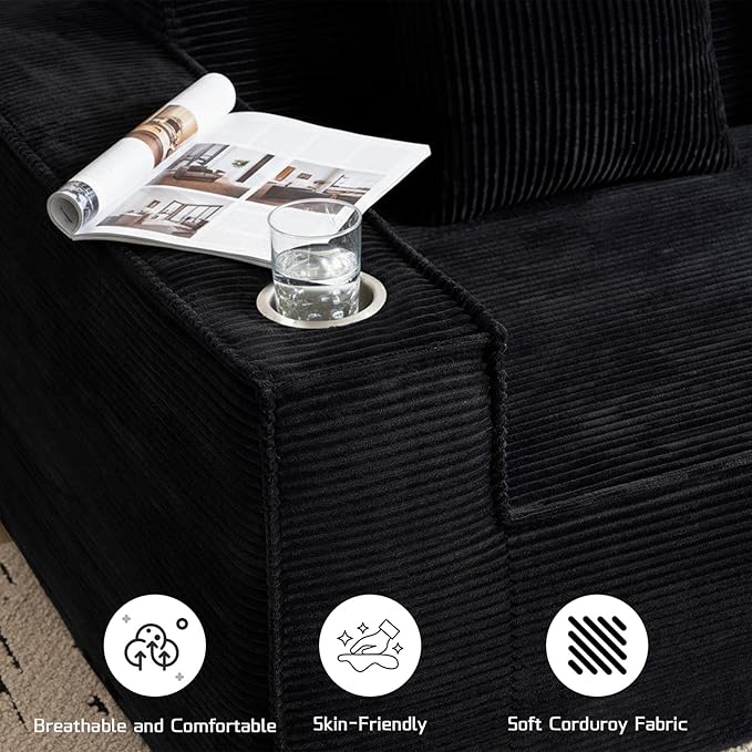 75 Cloud Boneless Loveseat Couch – No Assembly Required Corduroy Sofa with Cup Holders High-Density Memory Foam 3 Seater Comfy Couches for Living Room Bedroom Apartment Black