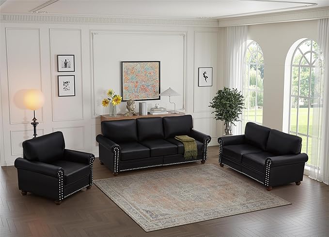 Harper &amp Bright Designs 3-Piece Sofa Sets with Storage Space &amp Wood Legs Sectional Living Room Sets Faux Leather Couches Sets with 3-Seat Sofa Loveseat and Sofa Chair for Living Room (Black)