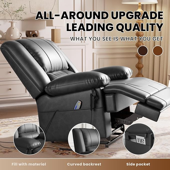 Large Dual Motor Power Lift Recliner Chair with Massage and Heat for Elderly People Infinite PositionUSB Ports and Remote ControlBreathable Leather (Black)
