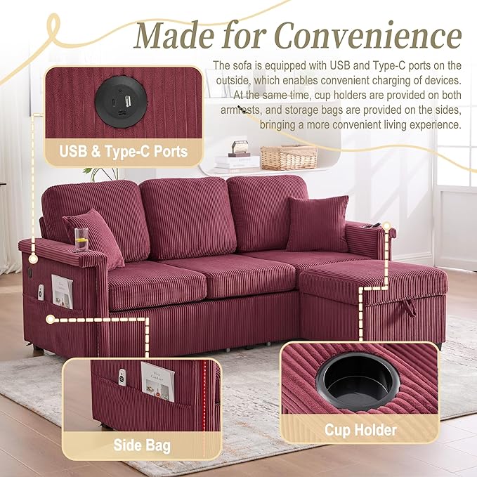 L Shaped Sectional Sofa with Storage &amp Movable Ottoman 76 Corduroy 3 Seater Sectional Couch with USB Charging Cup Holder &amp LED Light Couches for Living Room Wine Red