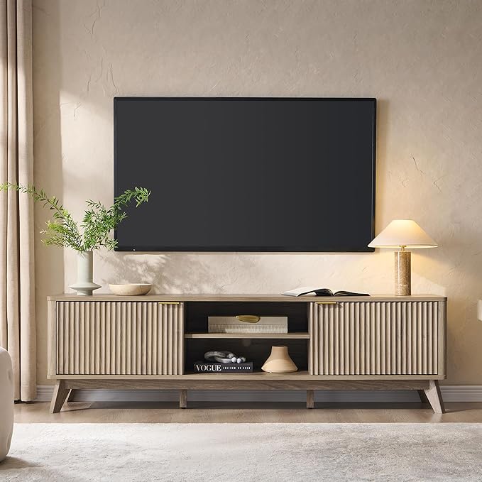 OKD 70 Mid Century Modern Fluted TV Stand Entertainment Center Sideboard Media Console for Living Room with 2 Soft Close Door/Adjustable Shelves (Alder Grey)
