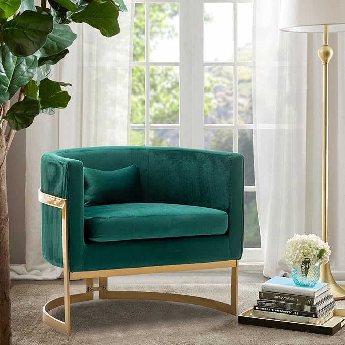 Velvet Accent Chair Green Modern Upholstered Barrel Chair Wide Arm Chairs for Living Room Bedroom Club Side Chairs with Gold Legs