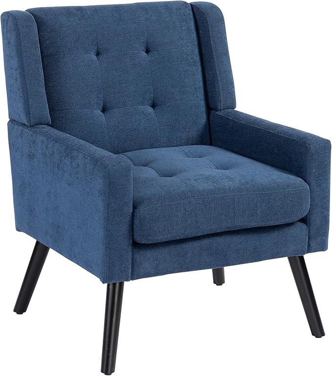 Mid-Century Modern Accent Chair Plush Linen Fabric with Button Tufted High Back &amp 5 Thick Cushion High Comfort Reading Chair for Living Room Bedroom Office (Blue)